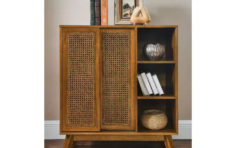 Modern Vintage Rattan Sideboard Buffet Cabinet with 3 Open Tiers & 2 Adjustable Hidden Shelves