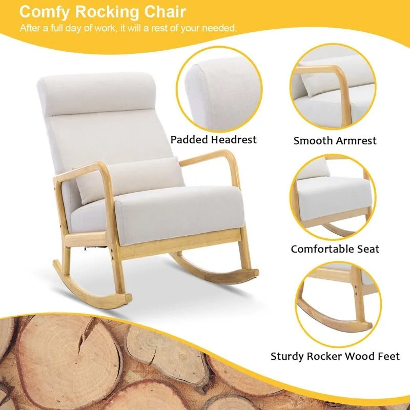25.2 Wide Reclining Rocker Chair with Ottoman - High Back Rocking Chair, Soft Linen Fabric, Ergonomic Design