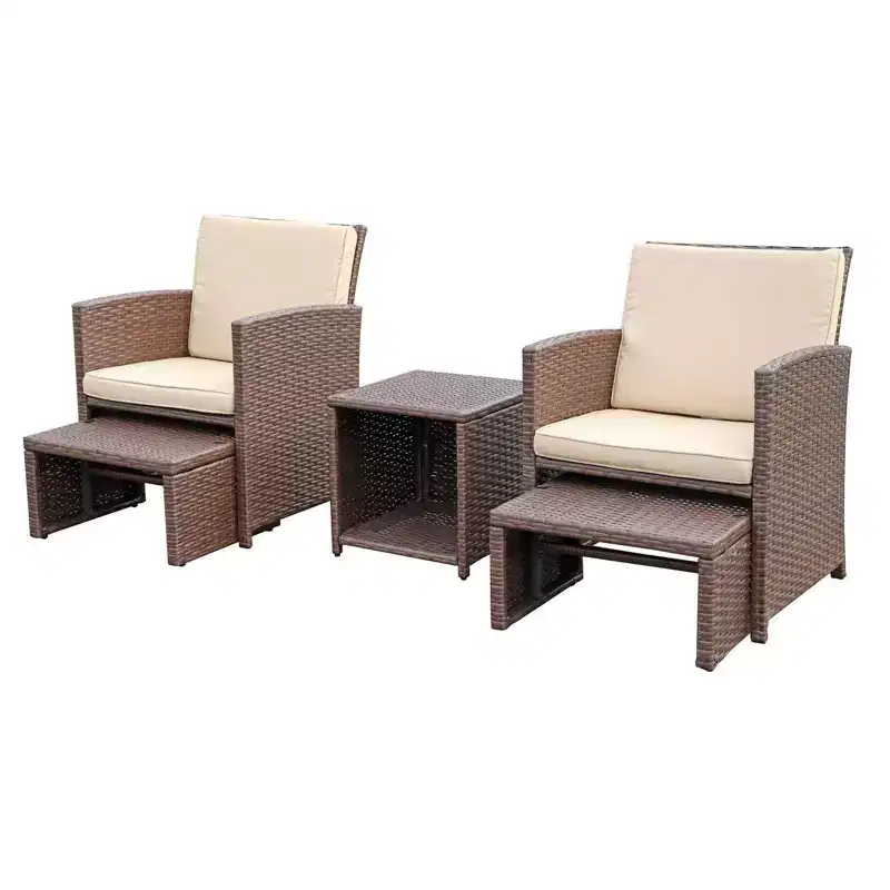 Sunsitt 5pc Outdoor Patio Chairs with Ottoman Side Storage Table Brown