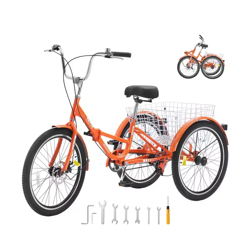 VEVOR Folding Adult Tricycle, 24-Inch Adult Folding Trikes, Lightweight Aluminum Alloy 3 Wheel Cruiser Bike with Large Rear Basket