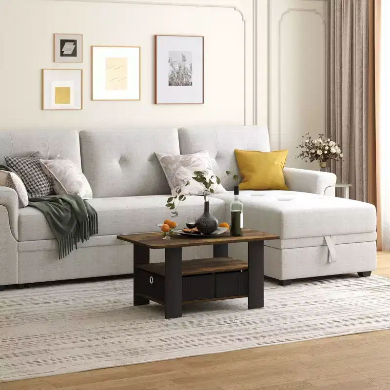 31 in. Modern Coffee Table with Storage Bin Drawer and Open Shelf
