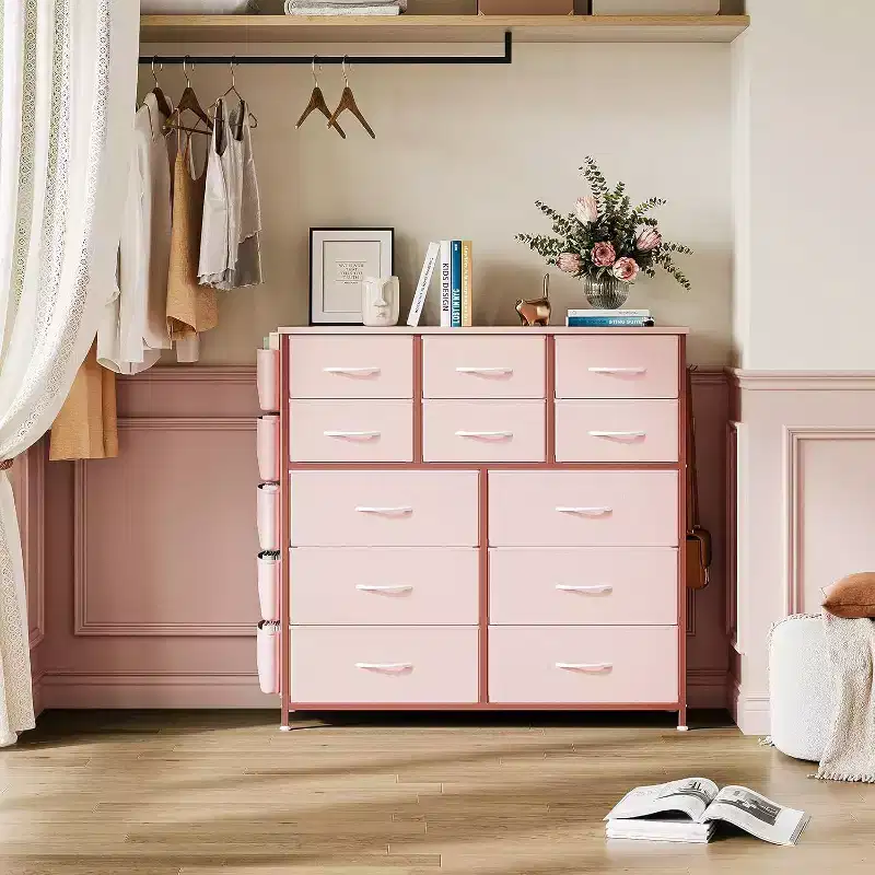 Pink 12-Drawer Fabric Dresser with Metal Frame, for 1