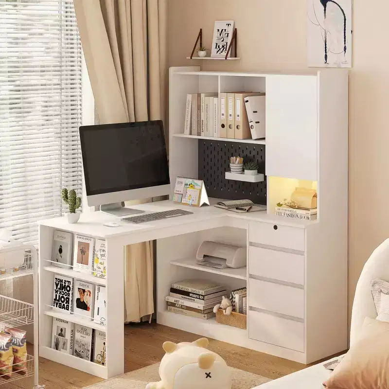 JVNOXK L-Shaped Multi-Functional Corner Storage Unit Charging Desk with Drawers Computer Desk with Shelving LED Lighting Home Office Desk - White
