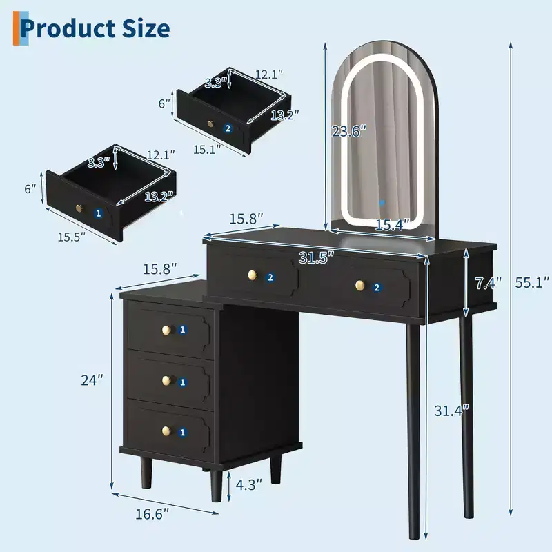 Makeup Vanity Desk with Mirror, Modern Vanity Table, 2 Drawers & Adjustable 3-Drawer Cabinet, for Bedroom