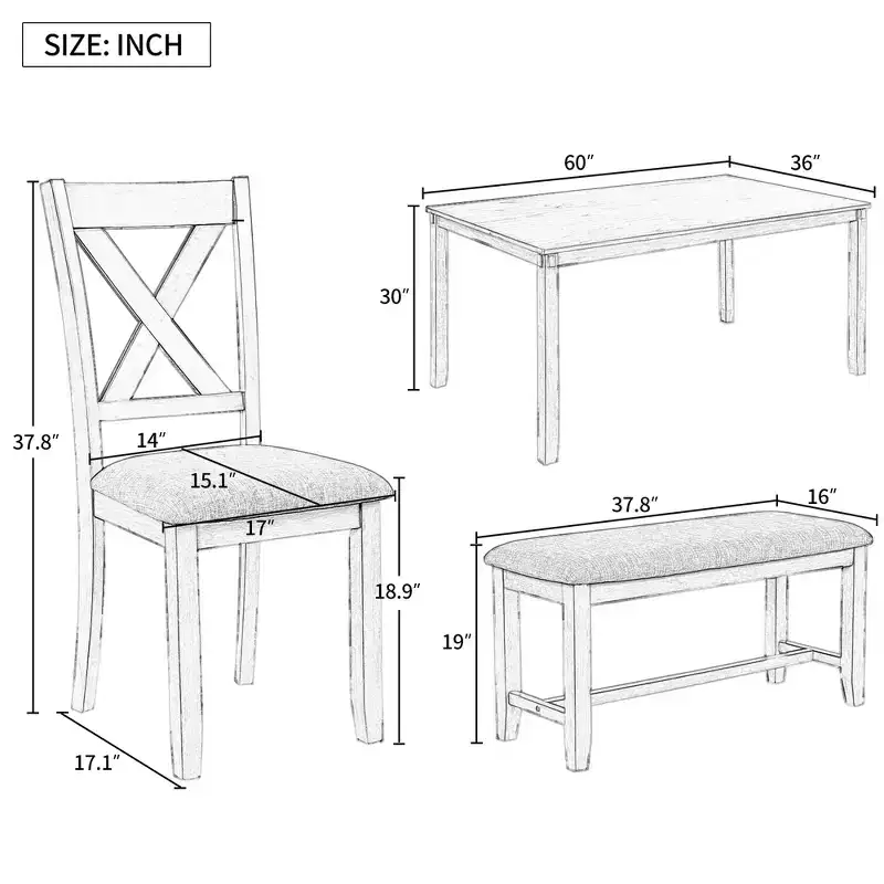 Whisen 6-Piece Wooden Rectangular Kitchen Dining Table Set with 4 Fabric Chairs and Bench