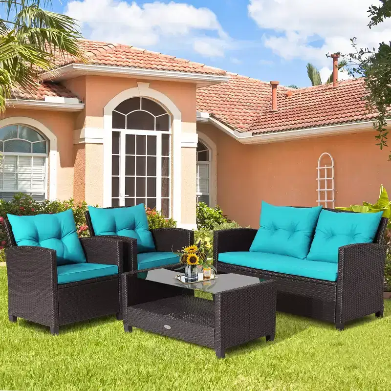 Costway 8 PCS Patio Rattan Furniture Set Glass Table Shelf Sofa Cushion Black/Red/Turquoise/Navy/Gray