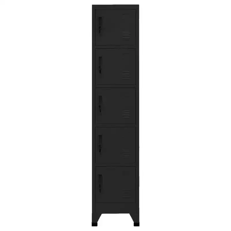 Steel Locker Cabinet - Modern, Lockable, Ventilated, with 5 Compartments and Name Tag Holders - Black