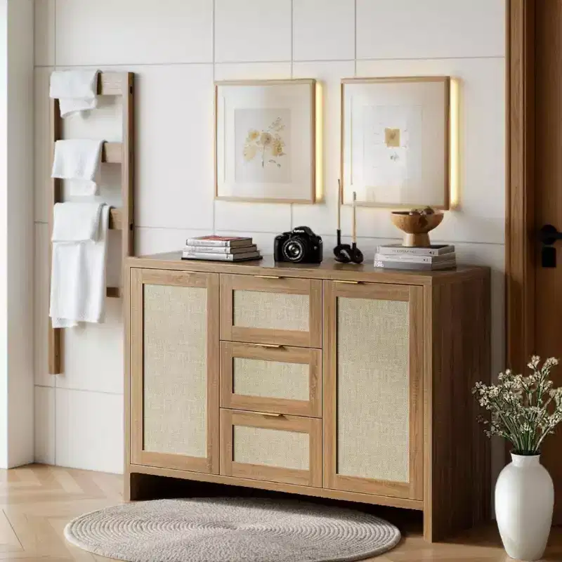COZONY Modern Rattan Storage Cabinet, 47 Sideboard with Drawers & Doors, Multi-Purpose Home Organizer 3 pcs with 3 boxs shipping