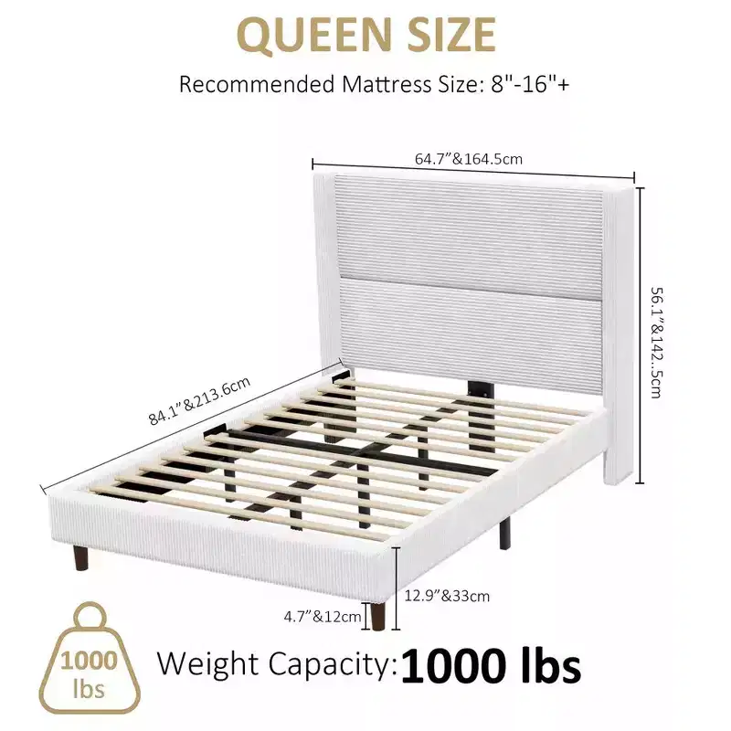 Dyonery Queen Corduroy Upholstered Platform Bed Frame with 56 Tall Wingback Headboard, Solid Wood Legs, No Box Spring Needed & Easy Assembly