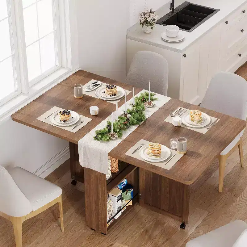 Space-Saving Folding Dining Table with Storage - Kitchen Table 6 Wheels (4 Lockable) + Drawer & Shelves, Compact for Small Spaces