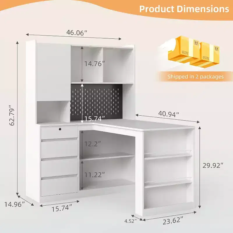 L Shaped Wooden Right Desk w/ Charging Station, LED Light, Drawers and Bookshelf, Modern Corner Computer Table for Home Office Gaming, White