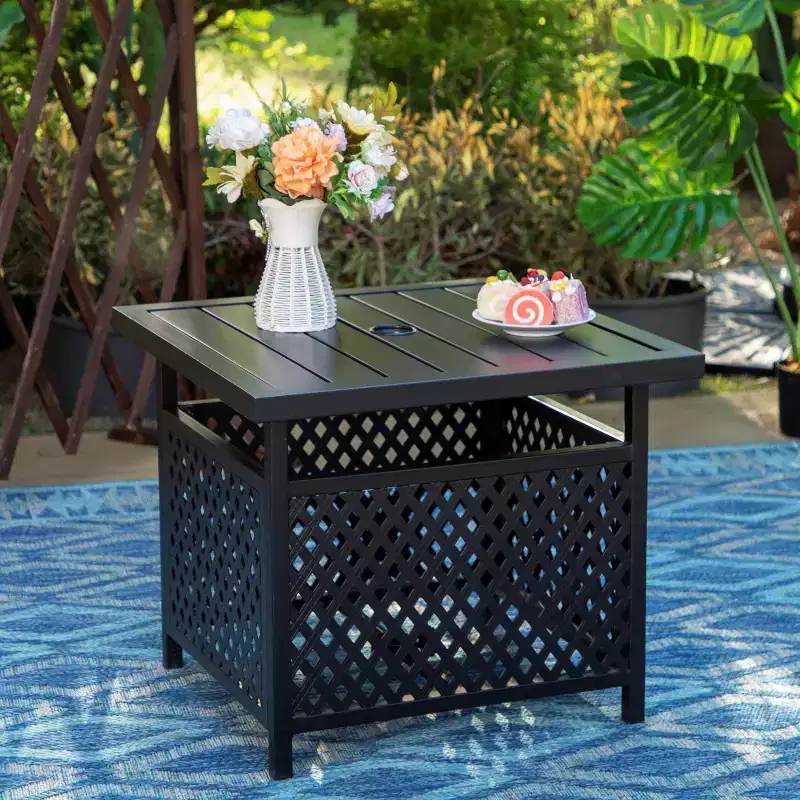Captiva Designs 3pc Outdoor Patio Slatted Tabletop Square Dining Steel Table & Arm Chairs