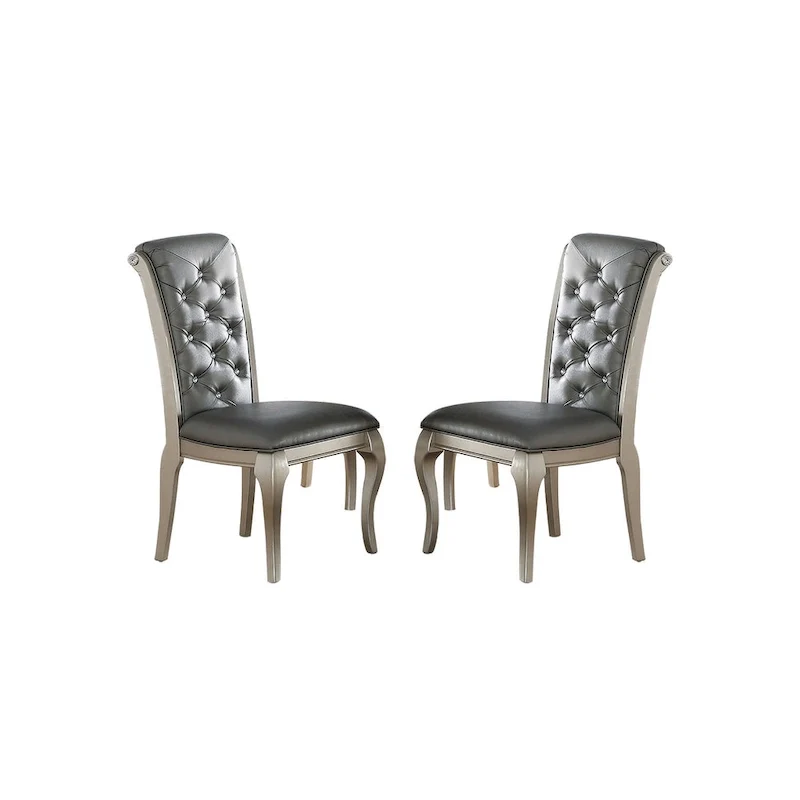 Dining Chairs With Button Tufted Back, Antique Silver(Set of 2)