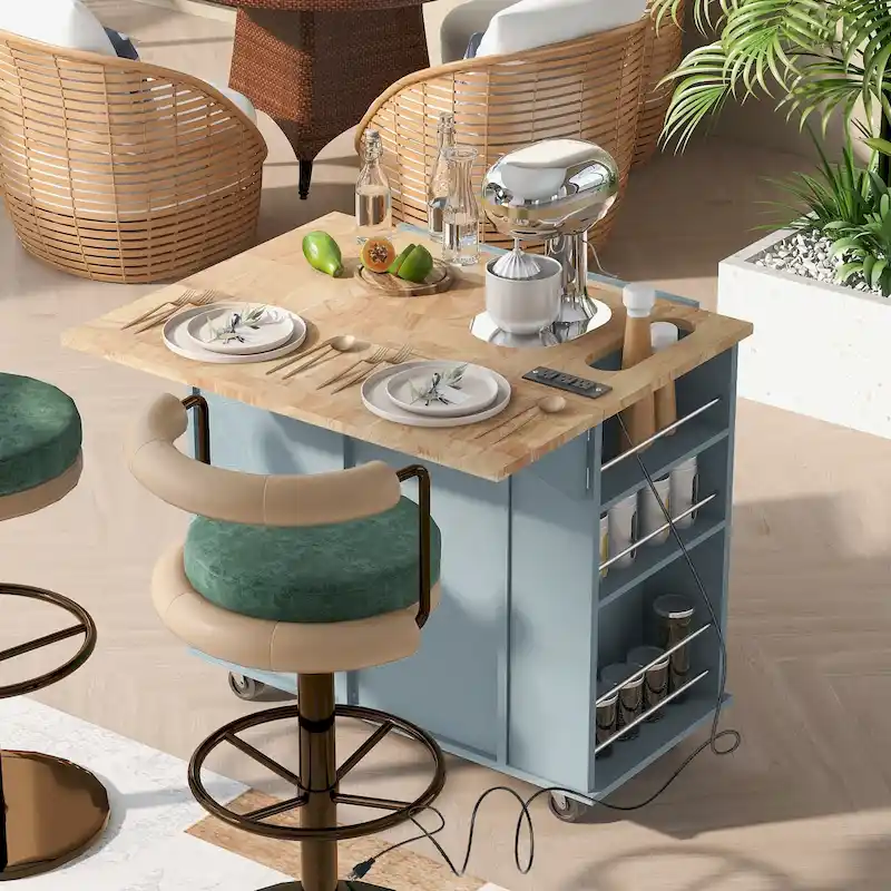 Kitchen Island Cart with Drop Leaf, Power Outlet, and Wine Rack