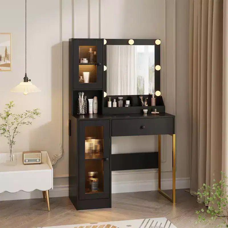 Makeup Vanity Desk with LED Lights & Mirror, 33W Large Dressing Table with Large Drawer, Storage Cabinet, Makeup Vanity Table for Bedroom