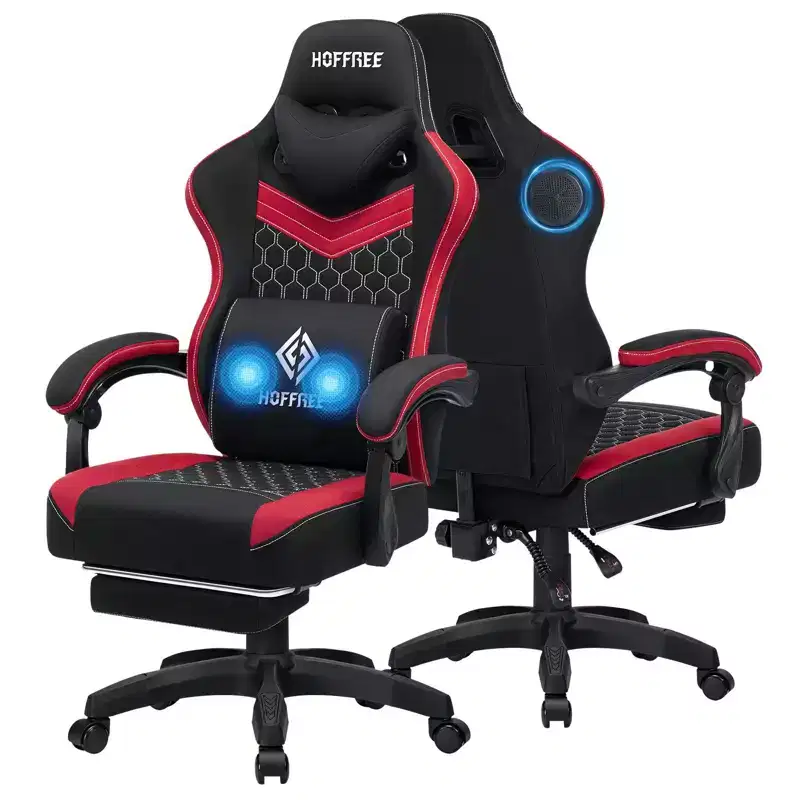 Breathable Fabric Massage Gaming Chair, Ergonomic Office PC Chair with Bluetooth Speaker & Footrest