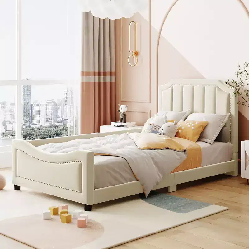 Bellemave Twin Daybed with Upholstered Stripe Headboard, Beige, Sturdy Wood Frame, Modern Elegant Design, Perfect for Kids or Guest Room