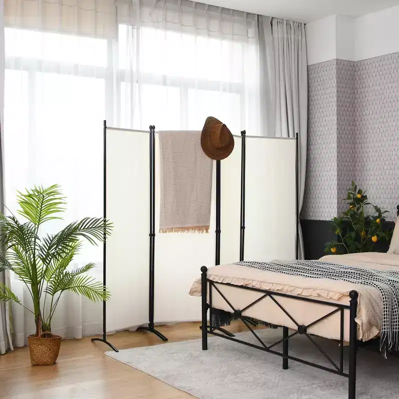 4-Panel 5.6ft Room Divider Folding Fabric Privacy Screen with Steel Frame White/Black/Brown