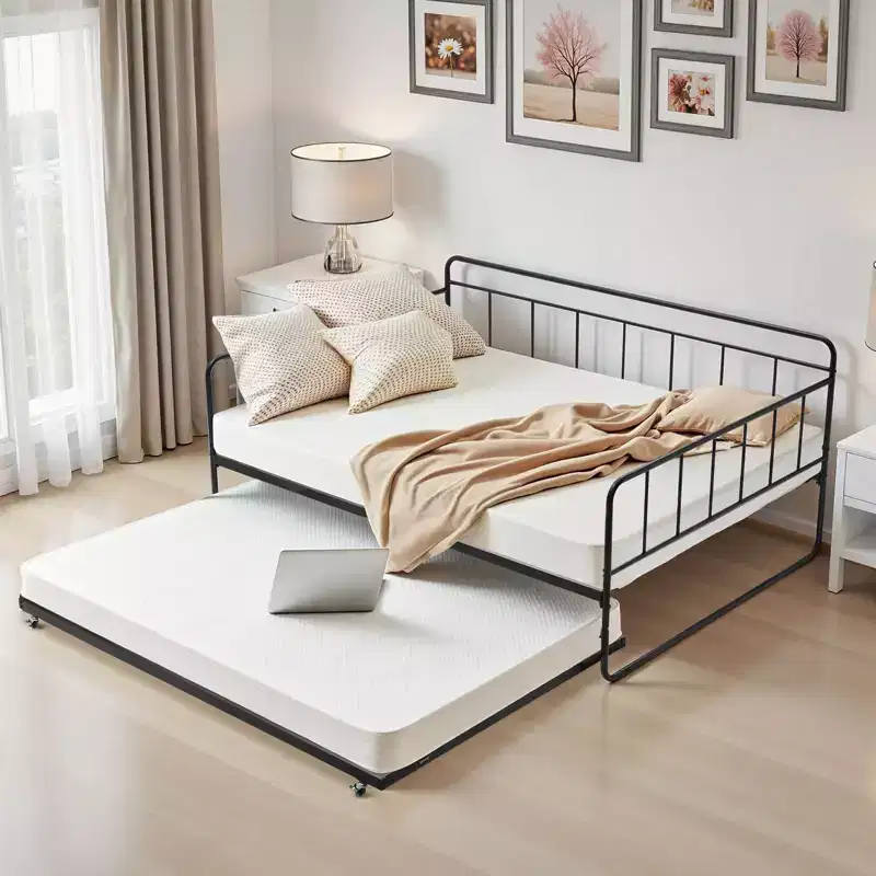 VEVOR Full Size Daybed Frame, Day Bed with Trundle, Heavy Duty Metal Platform Bed Frame, Full Daybed with Metal Slats Support for Living Room, Black