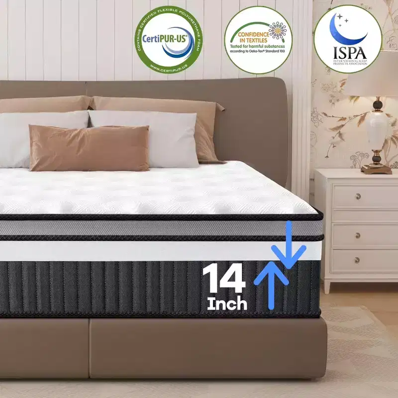 Mattress on Sale: 14 King Hybrid Mattress in a Box, Gel Memory Foam+Pocketed Coils, Cooling, Medium, Pressure Relief, Motion Isolation