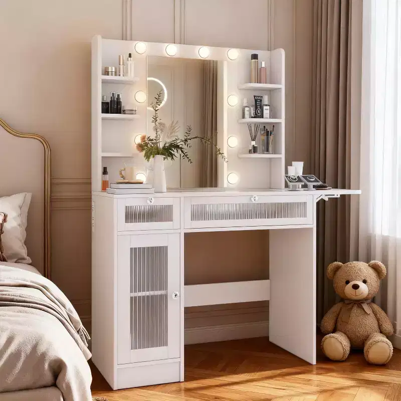 White Dressing Table with RGB Mirror, Desk Lamp, USB Charging Port, Cabinets and Drawers