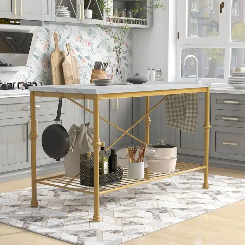 Contemporary White and Gold 58-inch Wide Marble Top Kitchen Island by