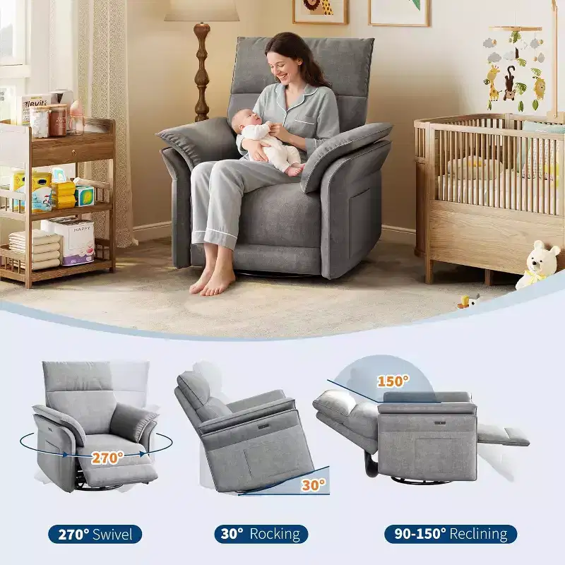 Power Recliner Chair with USB Port, 270 Swivel Glider Rocker with Wide Seat and Chenille Fabric, for Living Room or Nursery