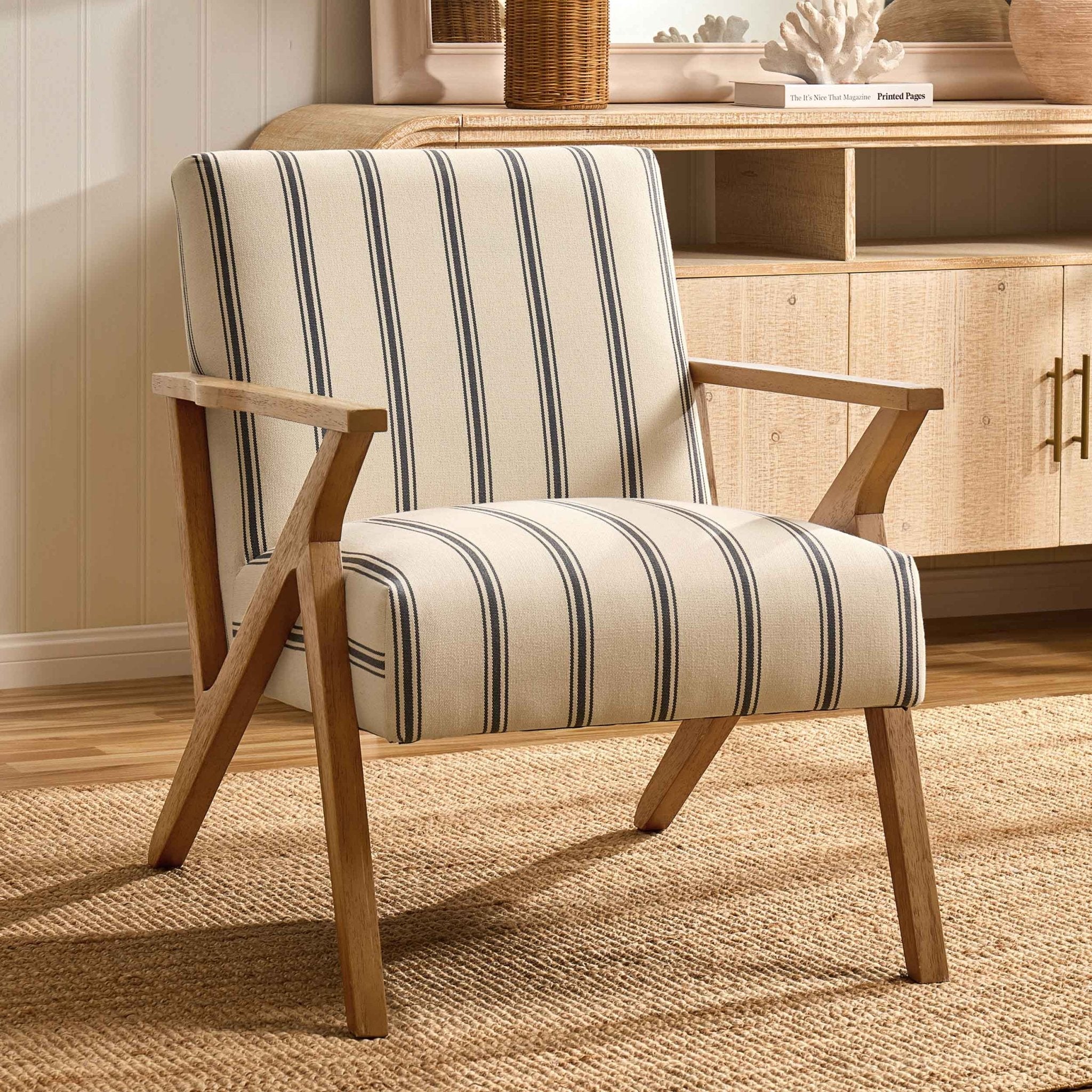 Coastal Blue Stripe Fabric Accent Chair with Relaxed Design for Living Room