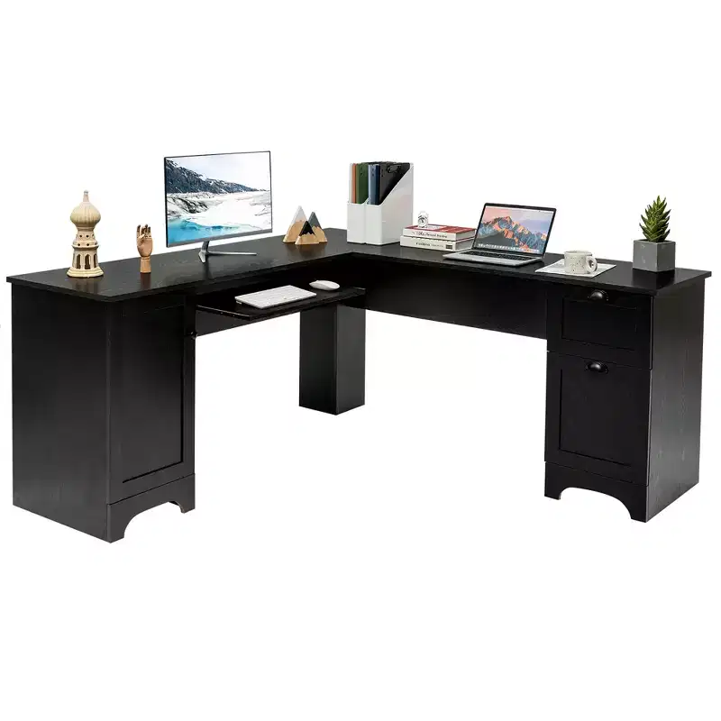 Costway L-Shaped Corner Computer Desk Writing Table Study Workstation Drawers BlackBrown