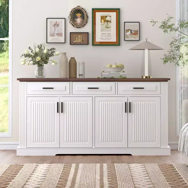 63in Fluted Sideboard Cabinet, Bufft Cabinet with 4 Doors and 2 Drawers, Storage Cabinet for Living Room, Dining Room, Kitchen