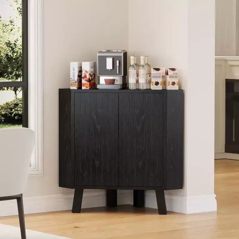 Farmhouse Corner Storage Cabinet with Adjustable Shelf, 3-Tier Industrial Wooden Corner Table with Doors, Triangle End Table (31.5''x 15.7''x 30.7'')