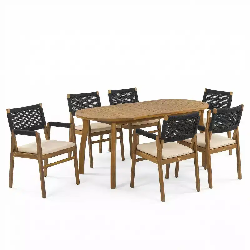 Christopher Knight Home Hanh Modern 7 Piece Acacia Wood Patio Dining Set with Slatted Table and Rope Design