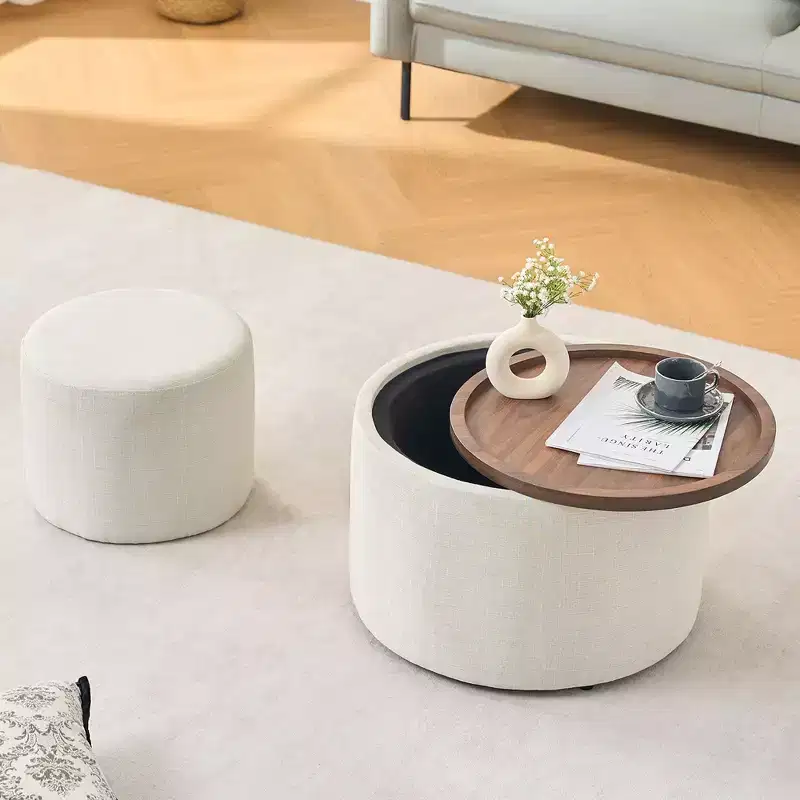 Okak Modern Nesting of 2 Linen Fabric Storage Ottomans with Wood Tray,Upholstered Footstool & Round Coffee Table