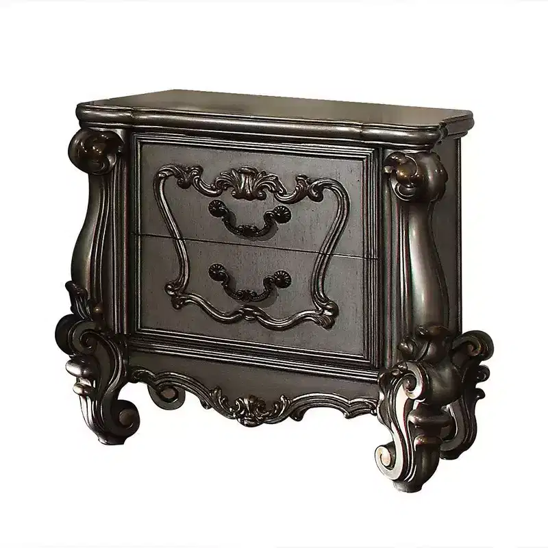 Antique Platinum Nightstand Wood Veneer Ornate Carved Drawers Bedroom Bedside Table