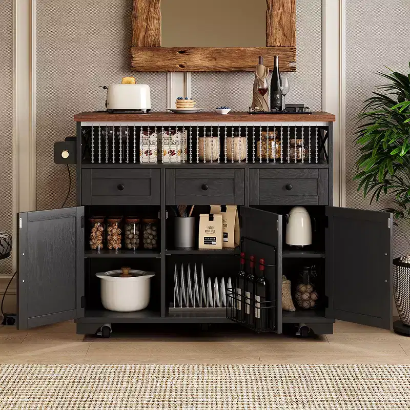 Farmhouse Kitchen Island with Beaded Curtain, Wheeled Kitchen Cart with Folding Board, 3 Doors, 3 Drawers, and Internal Iron Rack