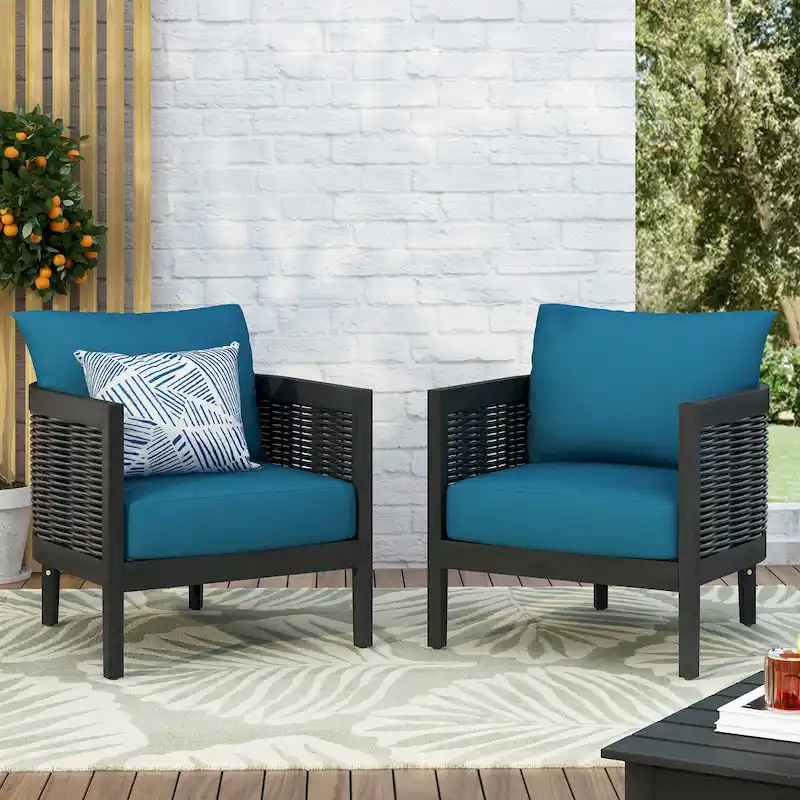 Set of 2, Outdoor Acacia Wood Wicker Club Chair with Cushions, Patio Furniture Conversation Seat for Backyard