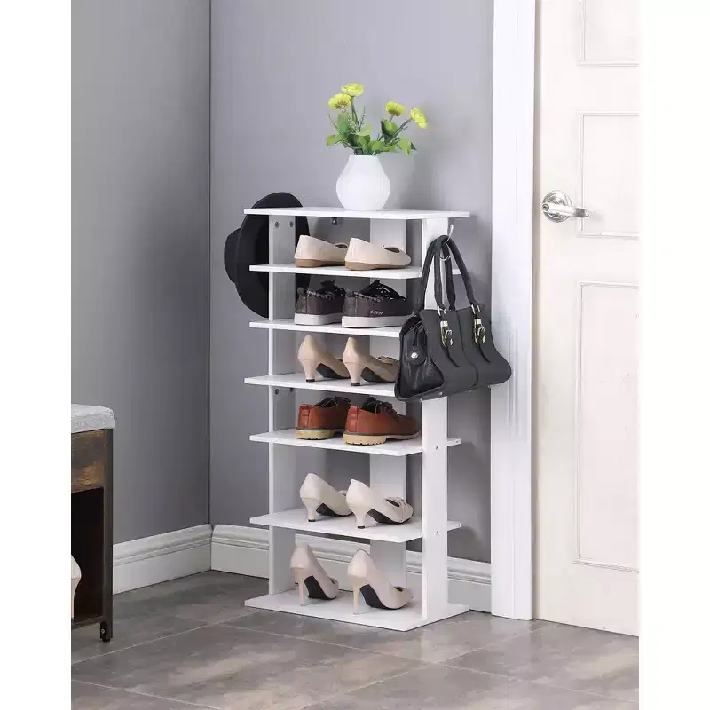 TUYOHW 7-Tier Vertical Shoe Rack with Hooks, Multi-feature Shoe Organizer for Entryway