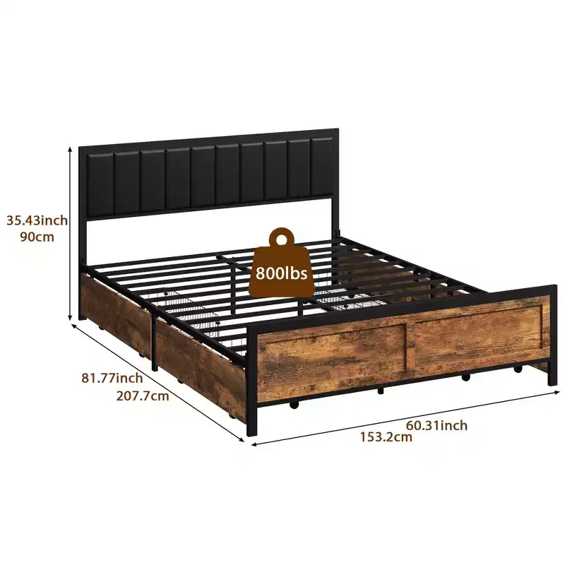 Dyonery Queen Size Bed Frame, Metal Platform Bed Frame with Wooden Headboard with Rivet, 15 Heavy Duty Iron Slats Support, Large Under-Bed Storage.