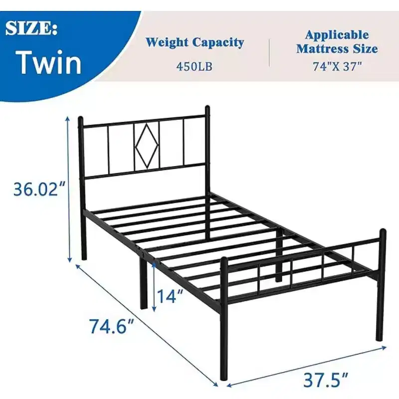 Single Bed Size 14 Inches (Approximately 35.6 cm) High Classic Metal Platform Bed Frame with Wrought Iron Headboard