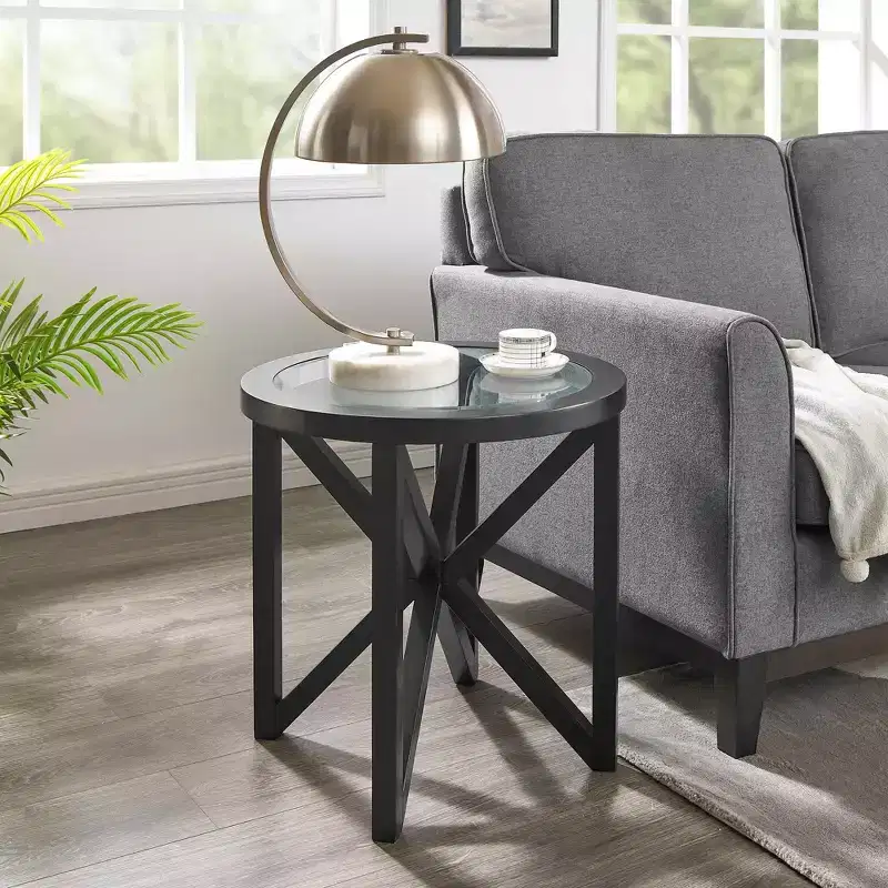 MAYEERTY Modern Round Simple Glass Coffee Table Tempered Glass Coffee Table Solid Wood Base for Living Room Black