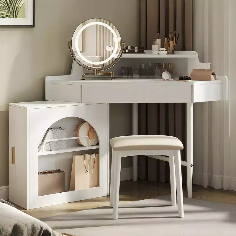 Whisen Corner Makeup Vanity Desk, Modern Vanity Set, Dressing Table with Mirror, Stool and Large Storage - White