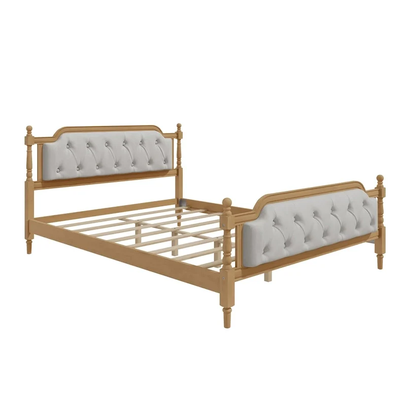 Solid Wood Bed Frame with Upholstered Tufted Headboard – No Box Spring Needed