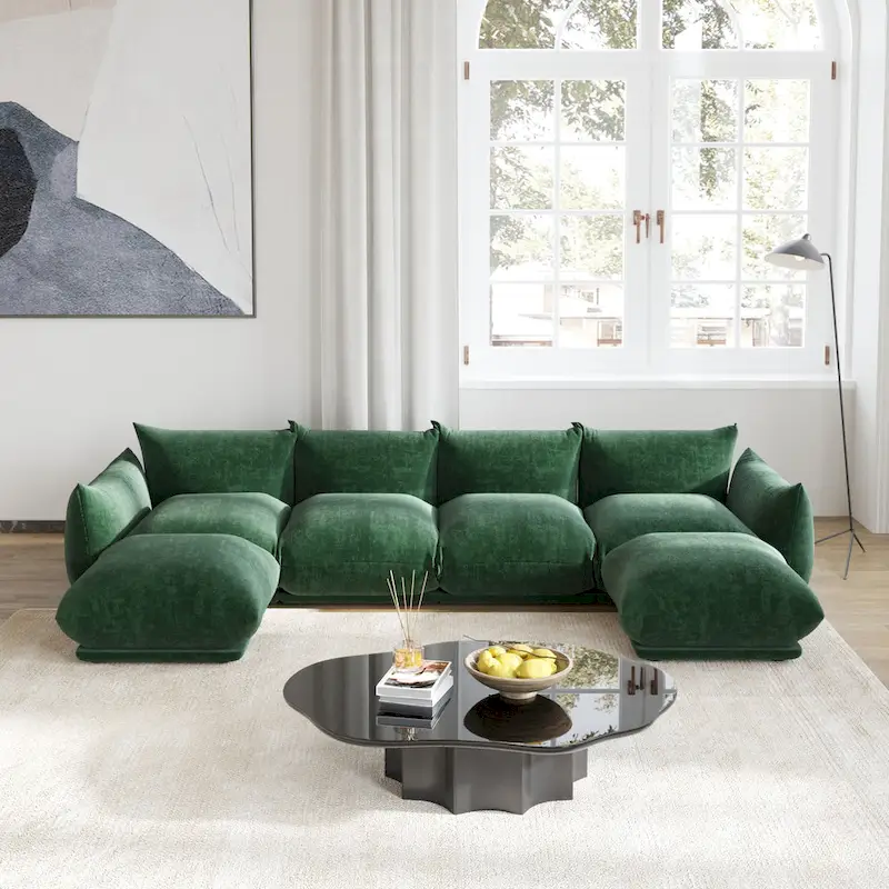 Chenille U-Shape Sectional Sofa – Green / Orange / Beige / Black, Modular 4-Seat