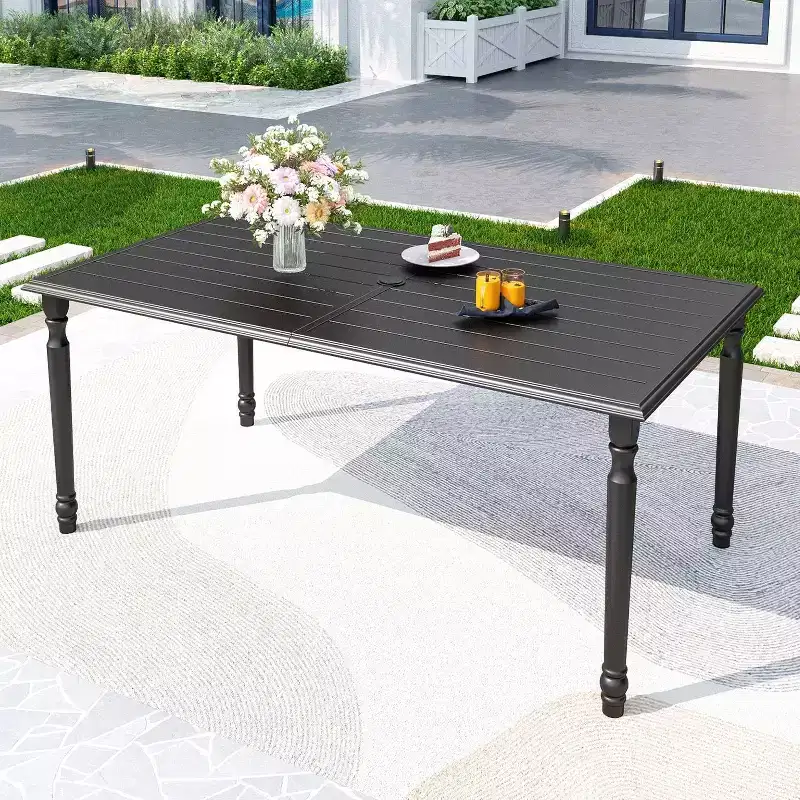 7pc Outdoor Dining Set with Steel Rectangle Table with Umbrella Hole & Padded Swivel Chairs - Captiva Designs: Rust-Resistant