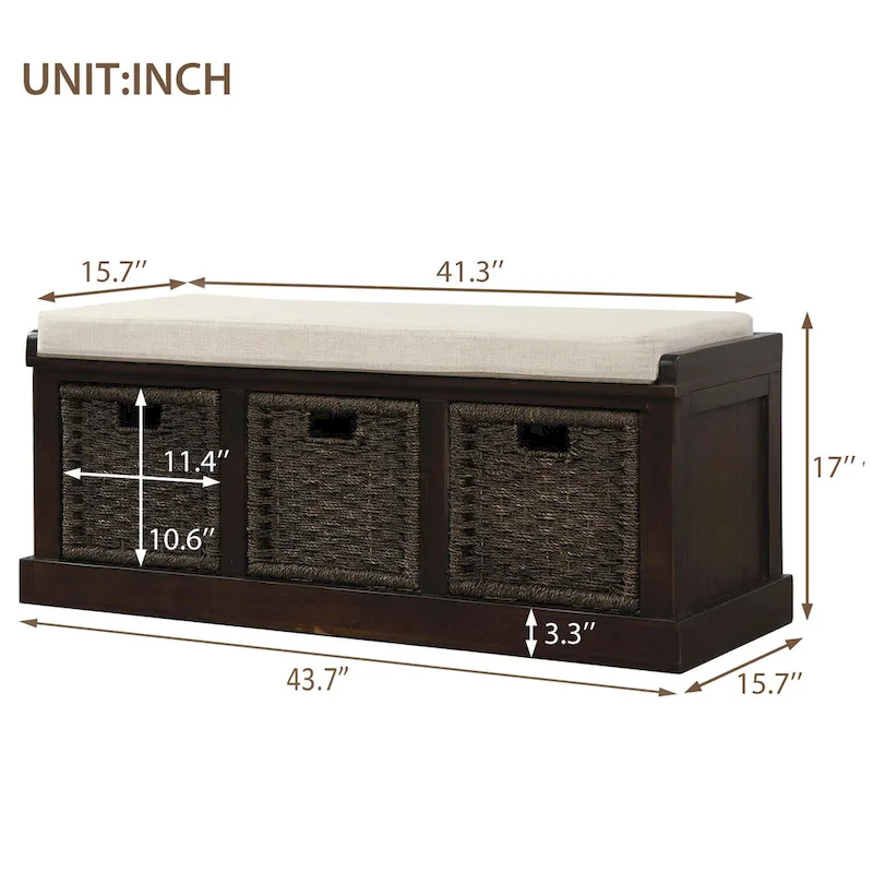 Entryway Bench with 3 Removable Rattan Baskets