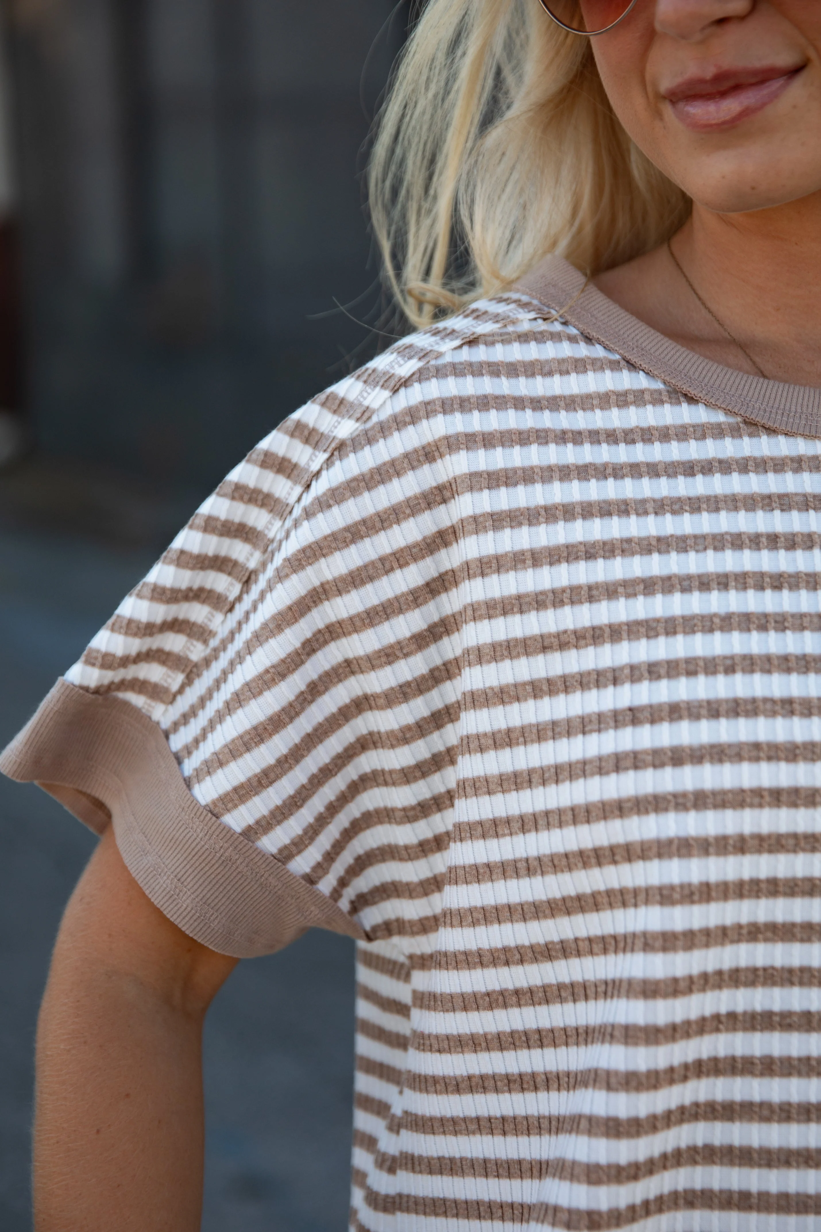 Taupe Stripe Oversized Short Sleeve Top