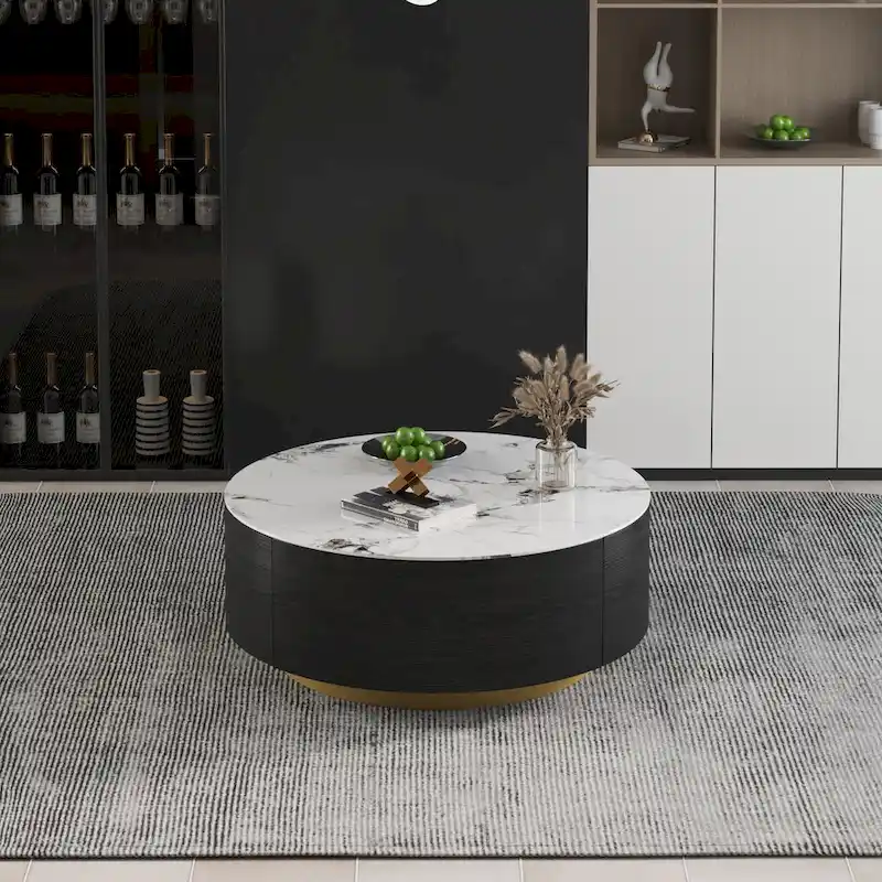 Modern Drum Coffee Table with Oak Veneer, Sintered Stone Coffee Table with 2 Solid Wood Drawers