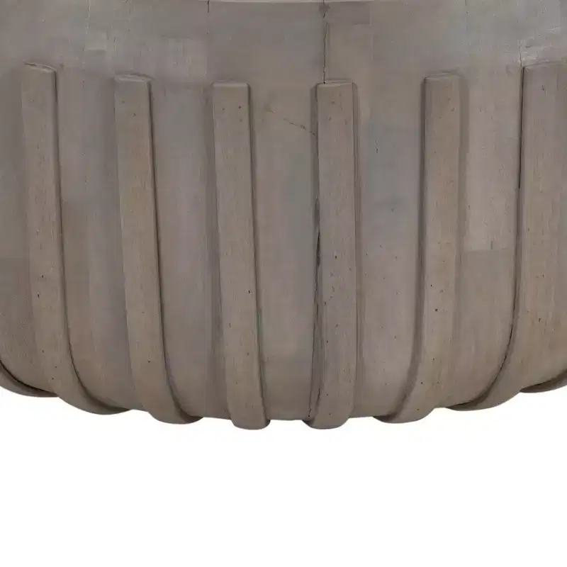 36 Inch Coffee Table, Handcrafted Drum Shape with Ribbed Edges, Mango Wood