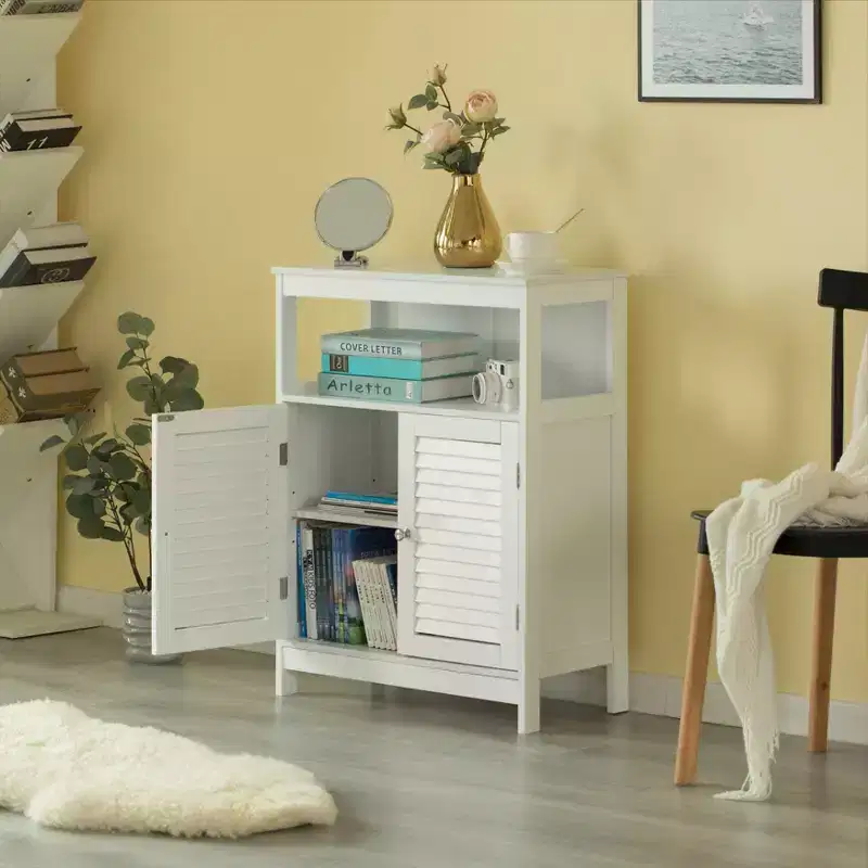 Basicwise Wooden White Modern Storage Bathroom Vanity Cabinet with Adjustable Shelves and Two Horizontal Planks Design Doors