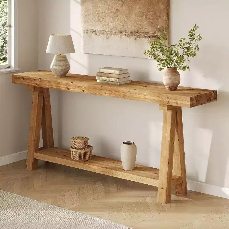 Lantine 70.9-Inch Solid Wood Console Table, Farmhouse Long Sofa Table with Shelves for Entryway, Living Room, Hallway, Foyer